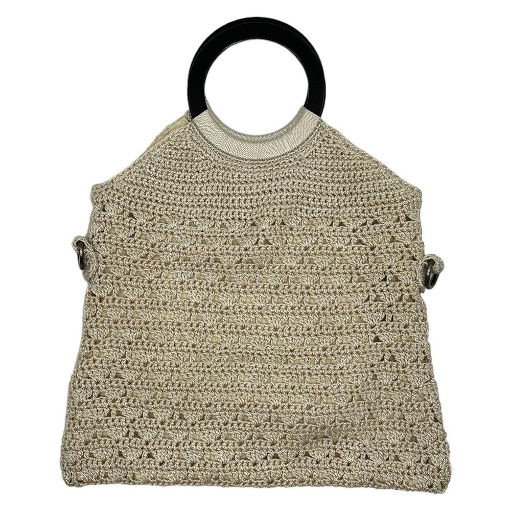 The Sak Crochet Handbag Beige Champagne Knit Round Resin Handle Boho Tote Bag